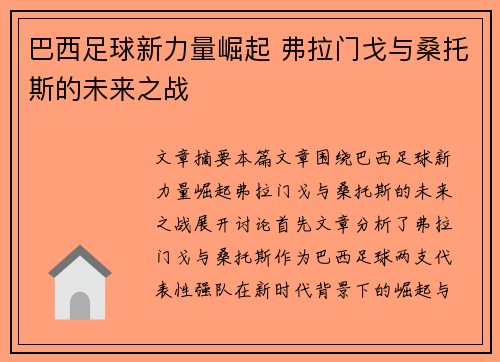巴西足球新力量崛起 弗拉门戈与桑托斯的未来之战
