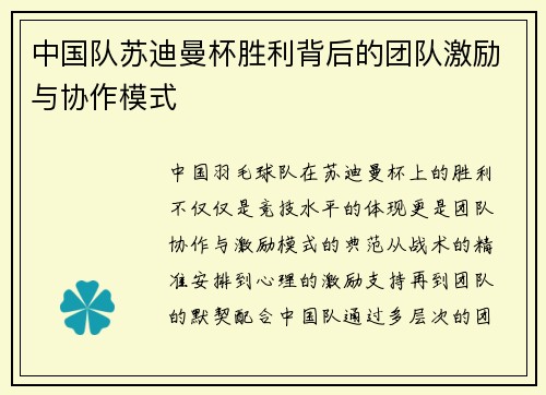 中国队苏迪曼杯胜利背后的团队激励与协作模式