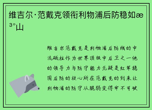 维吉尔·范戴克领衔利物浦后防稳如泰山