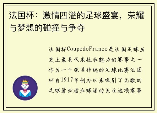 法国杯：激情四溢的足球盛宴，荣耀与梦想的碰撞与争夺