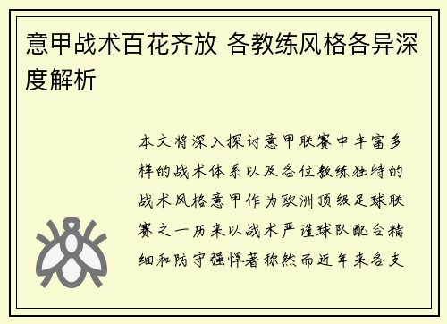意甲战术百花齐放 各教练风格各异深度解析